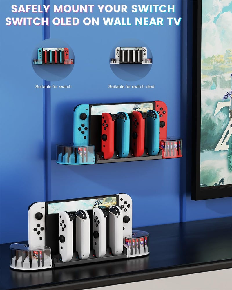 KUNSLUCK Switch Wall Mount with Joy-Con Charger, Wall Mount Switch Charging Dock Station with 20 Game Card Storage and 6 Charger for Joy-Con (Black) - Image 2